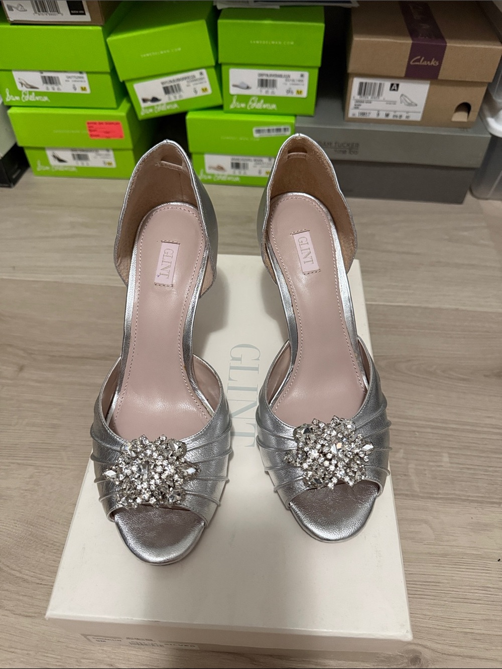 Glint Silver Open-Toe Heels with Crystal Brooch